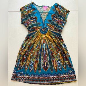 “She’s Cool” Aqua Floral Print Stretch Dress – Elastic Waist | Size M